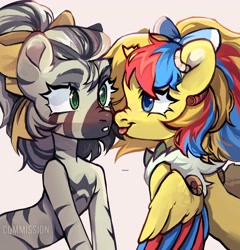 Size: 1962x2048 | Tagged: safe, artist:kencee6, imported from derpibooru, oc, oc only, pegasus, pony, zebra, boop, bow, commission, female, hair bow, lesbian, mare, nose wrinkle, noseboop, oc x oc, shipping, tongue out