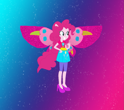 Size: 943x834 | Tagged: safe, artist:magical-mama, artist:selenaede, artist:user15432, imported from derpibooru, pinkie pie, fairy, human, equestria girls, barely eqg related, base used, clothes, crossover, cutie mark, cutie mark on clothes, dress, element of laughter, fairy wings, fairyized, gradient background, hand on hip, high heels, magic winx, pink dress, pink shoes, pink wings, ponied up, shoes, solo, sparkly background, wings, winx, winx club, winxified