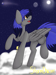 Size: 768x1024 | Tagged: safe, artist:nightdash20023, imported from derpibooru, oc, oc only, oc:storm chaser, pegasus, pony, cloud, collar, looking up, male, moon, night, night sky, on a cloud, open mouth, pegasus oc, sky, solo, wings