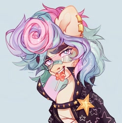 Size: 2032x2048 | Tagged: safe, artist:kencee6, imported from derpibooru, oc, oc only, pony, bandaid on nose, candy, clothes, ear piercing, eating, food, high res, jacket, lollipop, mouth hold, nose bandaid, oc name needed, oc needed, piercing, simple background, solo, sparkles, thick eyebrows, visor