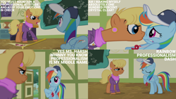 Size: 1280x720 | Tagged: safe, edit, edited screencap, editor:quoterific, imported from derpibooru, screencap, ms. harshwhinny, rainbow dash, earth pony, pegasus, pony, flight to the finish, season 4, boop, chalkboard, coach rainbow dash, eyes closed, female, hair over one eye, mare, nose to nose, noseboop, open mouth, ponyville schoolhouse, rainbow dashs coaching whistle, rainbow professionalism dash, whistle, whistle necklace