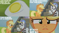 Size: 1280x720 | Tagged: safe, edit, edited screencap, editor:quoterific, imported from derpibooru, screencap, applejack, royal riff, silver shill, earth pony, pony, leap of faith, season 4, applejack's hat, bits, close-up, cowboy hat, eyes closed, female, hat, male, mare, open mouth, stallion