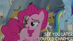 Size: 1280x720 | Tagged: safe, edit, edited screencap, editor:quoterific, imported from derpibooru, screencap, pinkie pie, rainbow dash, earth pony, pegasus, pony, season 5, the lost treasure of griffonstone, female, flying, mare, offscreen character, open mouth, solo focus