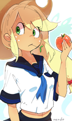 Size: 1911x3200 | Tagged: safe, artist:fuyugi, artist:nendo, imported from derpibooru, applejack, equestria girls, apple, breasts, busty applejack, clothes, female, food, high res, obligatory apple, reasonably sized breasts, sailor uniform, simple background, solo, uniform, white background