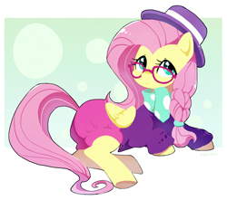 Size: 1754x1549 | Tagged: safe, artist:fuyugi, artist:nendo, imported from derpibooru, fluttershy, pegasus, pony, fake it 'til you make it, alternate hairstyle, braid, clothes, cute, female, glasses, hat, hipstershy, lying down, mare, prone, scarf, shyabetes, solo