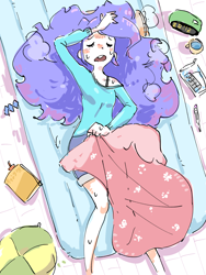 Size: 2400x3200 | Tagged: safe, artist:fuyugi, artist:nendo, imported from derpibooru, rarity, equestria girls, alarm clock, alternate hairstyle, bed, blanket, bra, bra strap, clock, clothes, eyes closed, female, frizzy hair, high res, hot, lying down, mug, off shoulder, open mouth, overhead view, shorts, sick, solo, sweat, thermometer, underwear