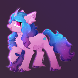 Size: 3200x3200 | Tagged: safe, artist:nyota71, imported from derpibooru, izzy moonbow, pony, unicorn, colored pupils, cute, ear fluff, female, fluffy, g5, high res, hoof fluff, izzybetes, laughing, long hair, mare, raised hoof, simple background, solo, unshorn fetlocks