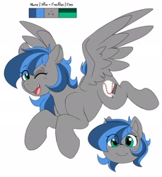 Size: 1877x2048 | Tagged: safe, artist:littlebibbo, imported from derpibooru, oc, oc only, oc:bibbo, pegasus, pony, c:, eye clipping through hair, female, flying, freckles, looking at you, mare, one eye closed, open mouth, pegasus oc, reference sheet, simple background, smiling, solo, spread wings, white background, wings, wink