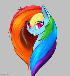 Size: 2044x2230 | Tagged: safe, artist:renarde-louve, imported from derpibooru, rainbow dash, pony, bust, female, gray background, high res, long mane, mare, simple background, solo