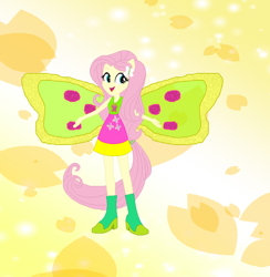 Size: 806x825 | Tagged: safe, artist:magical-mama, artist:selenaede, artist:user15432, imported from derpibooru, fluttershy, fairy, human, equestria girls, barely eqg related, base used, boots, clothes, crossover, dress, element of kindness, fairy wings, fairyized, flower petals, green shoes, hairpin, high heel boots, high heels, magic winx, pink dress, ponied up, shoes, simple background, solo, sparkly background, wings, winx, winx club, winxified, yellow background, yellow wings