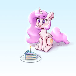 Size: 2232x2232 | Tagged: safe, artist:dandy, imported from derpibooru, princess celestia, alicorn, pony, :3, :p, birthday, blue background, blushing, cake, cakelestia, candle, cewestia, chest fluff, cute, cutelestia, ear fluff, eyes on the prize, female, filly, filly celestia, food, gradient background, high res, horn, pink mane, pink-mane celestia, raspberry, simple background, sitting, smiling, solo, starry eyes, tongue out, wingding eyes, wings, younger