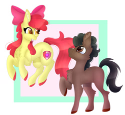 Size: 1280x1182 | Tagged: safe, artist:unknownartist20, imported from derpibooru, apple bloom, oc, oc:ladainian, oc:ladainian otis, earth pony, pony, canon x oc, chest fluff, commission, jumping, ladainianbloom, love, older apple bloom, shipping, smiling, straight