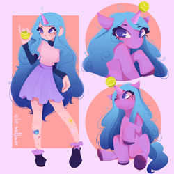 Size: 3000x3000 | Tagged: safe, artist:andy lie, artist:lie_sunflower, imported from derpibooru, izzy moonbow, human, pony, unicorn, abstract background, ball, clothes, cute, female, g5, high res, horn, horn guard, horn impalement, hornball, humanized, izzy's tennis ball, izzybetes, looking at you, mare, one eye closed, raised hoof, shirt, sitting, skirt, solo, tattoo, tennis ball, unshorn fetlocks