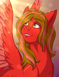 Size: 2050x2650 | Tagged: safe, artist:kaciekk, imported from derpibooru, oc, oc only, oc:leyley, pegasus, pony, female, high res, looking up, mare, pegasus oc, solo, sunlight, uncanny valley, wings