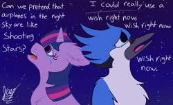 Size: 1600x977 | Tagged: safe, artist:jay_wackal, imported from derpibooru, twilight sparkle, pony, unicorn, aeroplanes and meteor showers, airplanes (song), b.o.b., crack shipping, crossover, crossover shipping, crying, female, lyrics, male, meme, mordecai, mordetwi, night, redraw mordetwi meme, regular show, sad, shipping, shooting stars, stars, straight, text, unicorn twilight