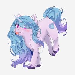 Size: 1080x1080 | Tagged: safe, artist:ayleviazephyr, imported from derpibooru, izzy moonbow, pony, unicorn, blushing, cute, female, g5, izzybetes, mare, simple background, solo, tongue out, unshorn fetlocks, white background