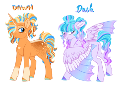 Size: 4800x3400 | Tagged: safe, artist:gigason, imported from derpibooru, oc, oc only, oc:dawn, oc:dusk, bat pony, pony, unicorn, blaze (coat marking), body freckles, body markings, coat markings, colored hooves, colored wings, duo, ethereal wings, facial markings, female, freckles, full body, half-siblings, heart mark, hybrid wings, looking back, magical lesbian spawn, male, mare, multicolored mane, multicolored tail, multicolored wings, offspring, parent:princess luna, parent:starlight glimmer, parent:sunburst, parents:lunaburst, parents:starluna, simple background, socks (coat markings), stallion, tail, transparent background, wings