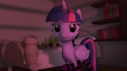 Size: 1920x1080 | Tagged: safe, artist:midnightdanny, imported from derpibooru, twilight sparkle, alicorn, pony, unicorn, friendship is magic, 3d, bed, bookshelf, brony, candle, clothes, my little pony, socks, solo, source filmmaker, stockings, striped socks, thigh highs, twilight sparkle (alicorn)