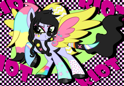 Size: 939x654 | Tagged: safe, artist:serra20, imported from derpibooru, oc, oc:shockwave, oc:x, pegasus, pony, colorful, colourful, patterned background, pegasus oc, riot, smiling, wings
