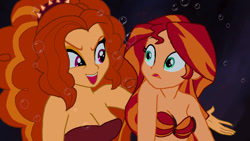Size: 1920x1080 | Tagged: safe, artist:zarxnos, imported from derpibooru, adagio dazzle, sunset shimmer, mermaid, fanfic:sunset shimmer discovers her feet, equestria girls, bra, clothes, crossover, duo, duo female, fanfic art, female, mermaidized, seashell bra, species swap, the little mermaid, underwear