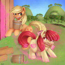 Size: 2000x2000 | Tagged: safe, artist:annafreezen, imported from derpibooru, apple bloom, applejack, earth pony, pony, apple, apple sisters, apple tree, barn, barrel, bucket, duo, fake cutie mark, female, filly, food, high res, mare, mouth hold, paint, paintbrush, rearing, siblings, sisters, sweet apple acres, tree