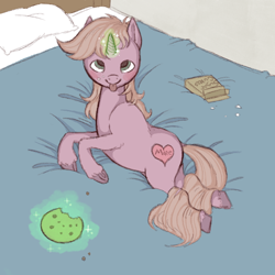 Size: 600x600 | Tagged: safe, oc, oc only, pony, bed, blushing, cookie, drawthread, food, magic, sugar cubes, tongue out