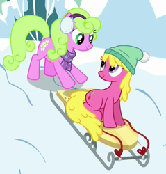 Size: 824x863 | Tagged: safe, screencap, cherry berry, daisy, flower wishes, pony, tanks for the memories, background pony, cap, clothes, cropped, earmuffs, female, hat, mare, scarf, sled