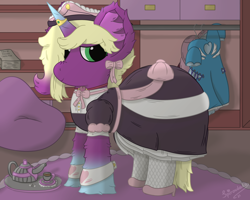 Size: 2500x2000 | Tagged: safe, artist:spiroudada, imported from derpibooru, oc, oc only, oc:velvet sky, unicorn, bow, clothes, collar, crossdressing, dress, dressing, hair bow, maid, male, shoes, socks, solo, stallion, story included, velvet wardrobe reboot.