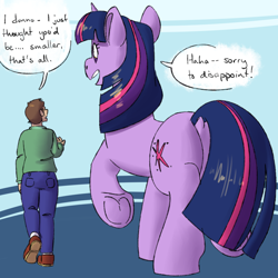 Size: 1200x1200 | Tagged: safe, artist:goat train, imported from ponybooru, twilight sparkle, human, pony, unicorn, butt, dialogue, duo, female, frog (hoof), giant pony, macro, male, mare, plot, speech bubble, twibutt, underhoof, unicorn twilight