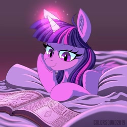 Size: 736x736 | Tagged: safe, artist:ask-colorsound, imported from derpibooru, twilight sparkle, alicorn, pony, bed, blanket, book, glowing horn, hoof on cheek, horn, reading, smiling, solo, twilight sparkle (alicorn)