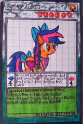 Size: 1000x1487 | Tagged: safe, artist:karadeg, imported from derpibooru, oc, oc only, oc:solar comet, pegasus, pony, bandana, bow, disguise, disguised changedling, eyelashes, graph paper, sock, solo, tail bow, yugioh card
