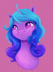 Size: 3300x4500 | Tagged: safe, artist:saphypone, imported from derpibooru, izzy moonbow, pony, unicorn, abstract background, bust, cute, female, g5, high res, izzybetes, mare, smiling, solo