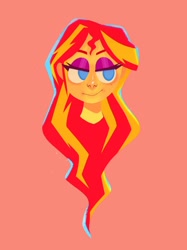 Size: 1000x1334 | Tagged: safe, artist:cyberspit, imported from derpibooru, sunset shimmer, equestria girls, bust, eyelashes, eyeshadow, female, freckles, makeup, orange background, peppered bacon, simple background, solo