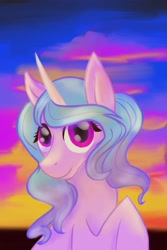 Size: 1080x1620 | Tagged: safe, artist:fall_flame3, imported from derpibooru, izzy moonbow, pony, unicorn, cloud, female, g5, looking at you, mare, raised hoof, sky, solo, sunset