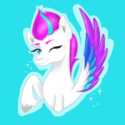 Size: 2048x2048 | Tagged: safe, artist:fall_flame3, imported from derpibooru, zipp storm, pegasus, pony, blue background, bust, female, g5, high res, looking at you, mare, one eye closed, raised hoof, simple background, smiling, smiling at you, solo, sparkles, unshorn fetlocks, wink, winking at you