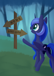 Size: 988x1394 | Tagged: safe, artist:dusthiel, imported from derpibooru, princess luna, alicorn, pony, atg 2021, newbie artist training grounds, open mouth, road sign, solo