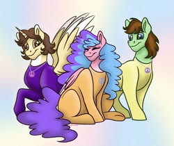 Size: 3159x2651 | Tagged: safe, artist:bella-pink-savage, artist:bellbell123, imported from derpibooru, oc, oc:aspen, oc:bella pinksavage, oc:ryan, alicorn, earth pony, pegasus, pony, alicorn oc, bodysuit, brother and sister, catsuit, clothes, earth pony oc, eyes closed, family, female, high res, hippie, horn, jewelry, latex, latex suit, male, mare, necklace, peace, peace suit, peace symbol, pegasus oc, rubber suit, siblings, sisters, smiling, stallion, trio, wings