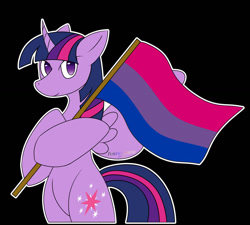 Size: 1280x1151 | Tagged: safe, artist:pokeshadow, artist:pokeskugga, imported from derpibooru, twilight sparkle, alicorn, pony, bi, bi twi, bisexual, bisexual flag, bisexual pride, bisexual pride flag, bisexual twilight, black background, gender headcanon, headcanon, hind legs, holding a flag, lgbt headcanon, looking at you, no pupils, pride, pride flag, pride month, simple background, solo, spread wings, standing upright, twilight sparkle (alicorn), wings
