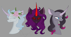 Size: 1467x783 | Tagged: safe, artist:0xyr0, imported from derpibooru, oleander, unicorn, them's fightin' herds, alternate color palette, bust, community related, curved horn, female, flower, flower in hair, gray background, horn, oleander (tfh), pure oleander, simple background