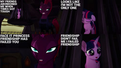 Size: 1280x720 | Tagged: safe, edit, edited screencap, editor:quoterific, imported from derpibooru, screencap, tempest shadow, twilight sparkle, alicorn, pony, unicorn, my little pony: the movie, broken horn, eyes closed, female, horn, mare, misspelling, open mouth, twilight sparkle (alicorn)