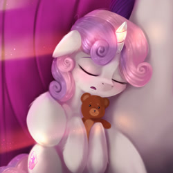 Size: 2000x2000 | Tagged: safe, artist:darksly, imported from derpibooru, rarity, sweetie belle, bear, pony, unicorn, cute, diasweetes, duo, duo female, eyes closed, female, female focus, filly, high res, mare, newbie artist training grounds, offscreen character, offscreen female, open mouth, siblings, sisters, sleeping, solo focus, teddy bear