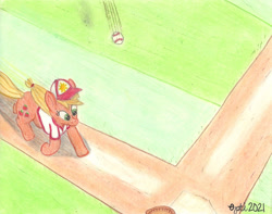 Size: 1280x1011 | Tagged: safe, artist:pianoflagerag, imported from derpibooru, applejack, earth pony, pony, atg 2021, baseball, baseball cap, baseball glove, cap, hat, newbie artist training grounds, running, sports