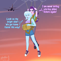 Size: 1000x1000 | Tagged: safe, artist:phallen1, imported from derpibooru, starlight glimmer, trixie, equestria girls, atg 2021, dialogue, newbie artist training grounds, parachute, plane, skydiving, sunset