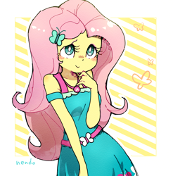 Size: 1190x1209 | Tagged: safe, artist:fuyugi, artist:nendo, imported from derpibooru, fluttershy, equestria girls, blushing, breasts, busty fluttershy, butterfly hairpin, cleavage, clothes, cute, daaaaaaaaaaaw, dress, female, fluttershy boho dress, geode of fauna, hairclip, magical geodes, reasonably sized breasts, shyabetes, signature, solo, white pupils