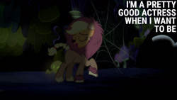 Size: 1280x720 | Tagged: safe, edit, edited screencap, editor:quoterific, imported from derpibooru, screencap, applejack, big cat, earth pony, lion, pony, scare master, season 5, animal costume, applelion, clothes, costume, eyes closed, female, mare, open mouth, smiling, solo