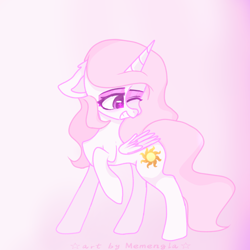 Size: 1200x1200 | Tagged: safe, artist:memengla, imported from derpibooru, princess celestia, alicorn, pony, female, grin, mare, one eye closed, pink background, pink-mane celestia, raised hoof, simple background, smiling, solo, starry eyes, wingding eyes, wink, young celestia