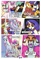 Size: 2100x3000 | Tagged: safe, artist:loryska, imported from derpibooru, oc, oc:clarabelle, oc:conundrum solar flare, oc:mezzanine, oc:plumeria, abyssinian, hybrid, pony, zony, comic:friendship grows, adopted offspring, clothes, ear fluff, floppy ears, high res, offspring, parent:quibble pants, parent:rainbow dash, parent:sweetie belle, parents:quibbledash, unshorn fetlocks