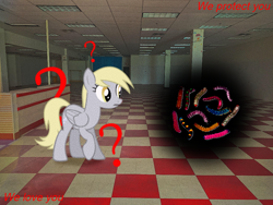 Size: 1000x750 | Tagged: safe, edit, editor:theedgyduck, imported from derpibooru, derpy hooves, amoeba, pegasus, pony, checkered floor, dreamcore, irl, liminal space, not salmon, photo, ponies in real life, question mark, text, wat, weird, weirdcore, worms