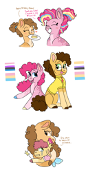 Size: 1669x3260 | Tagged: safe, artist:moccabliss, imported from derpibooru, cheese sandwich, li'l cheese, pinkie pie, oc, oc:cake pop, earth pony, pony, the last problem, brother and sister, cake, cheesecake, cheesepie, colt, crying, female, filly, food, genderfluid pride flag, hug, male, mother and child, mother and daughter, mouth hold, nonbinary pride flag, offspring, pansexual pride flag, parent:cheese sandwich, parent:pinkie pie, parents:cheesepie, pride, pride flag, shipping, siblings, simple background, straight, white background