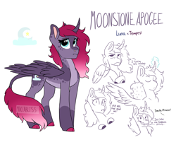 Size: 2458x2048 | Tagged: safe, artist:moccabliss, imported from derpibooru, oc, oc only, oc:moonstone apogee, alicorn, pony, curved horn, female, high res, horn, leonine tail, magic, magical lesbian spawn, mare, offspring, parent:princess luna, parent:tempest shadow, parents:tempestluna, simple background, solo, transparent background